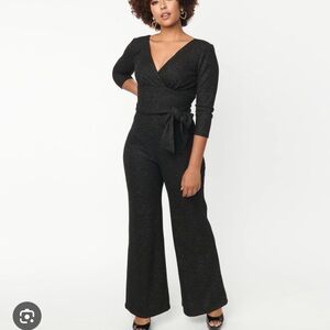 Unique Vintage Size 1X Black Knit Puffy Full Sleeve Wide Flare Leg Jumpsuit